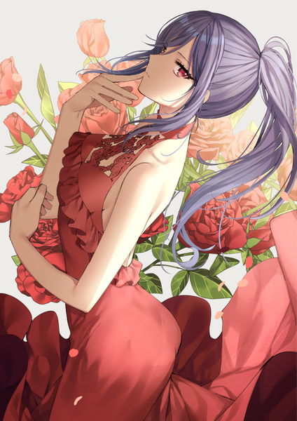 Anime picture 750x1061 with bang dream! seta kaoru gambe single long hair tall image looking at viewer fringe breasts simple background hair between eyes red eyes standing payot purple hair ponytail parted lips profile sleeveless bare back