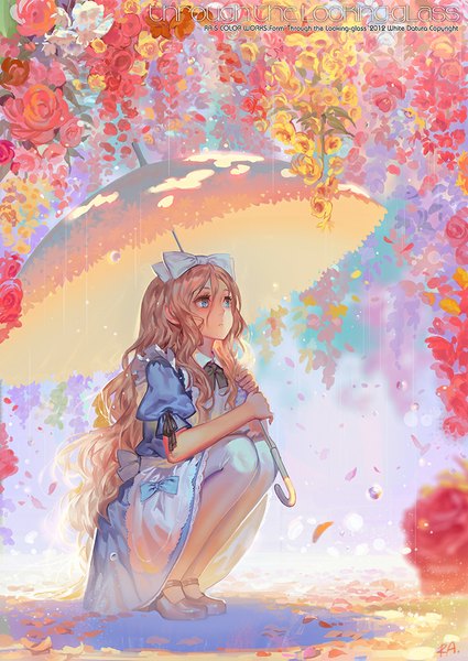 Anime picture 726x1024 with alice in wonderland original alice (wonderland) alphonse (white datura) single long hair tall image blonde hair holding signed aqua eyes shadow wavy hair looking up rain girl dress hair ornament flower (flowers) ribbon (ribbons)