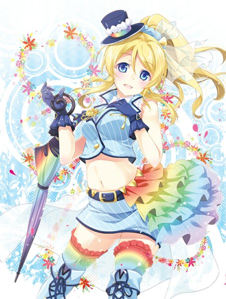 Anime picture 831x1100 with love live! school idol project sunrise (studio) love live! ayase eli mocha (naturefour) single long hair tall image looking at viewer blue eyes blonde hair ponytail midriff happy birthday closed umbrella girl thighhighs dress gloves navel