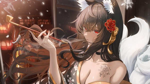 Anime picture 7672x4320 with original rega single long hair looking at viewer fringe highres breasts light erotic hair between eyes red eyes brown hair wide image large breasts animal ears absurdres upper body tail animal tail hair flower
