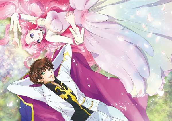 Anime picture 1066x750 with code geass sunrise (studio) kururugi suzaku euphemia li britannia tsukako long hair smile brown hair green eyes pink hair lying couple arms behind head girl dress boy detached sleeves cloak