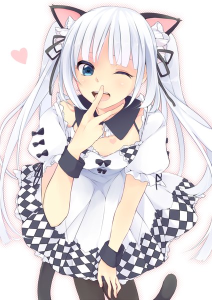 Anime picture 706x1000 with miss monochrome miss monochrome (character) sakuragi yuzuki single long hair tall image open mouth blue eyes twintails animal ears white hair tail animal tail one eye closed wink cat ears cat girl cat tail girl dress