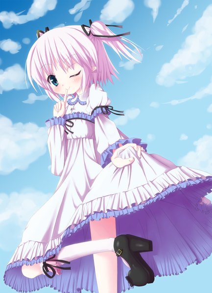 Anime picture 1200x1663 with original hikaru6382 single tall image blush short hair blue eyes pink hair sky cloud (clouds) one eye closed wink loli girl dress