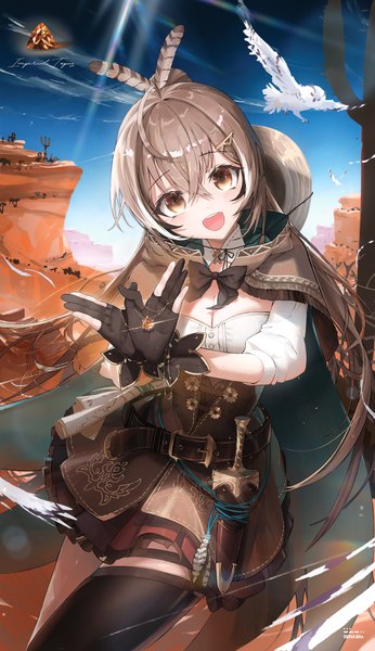 Anime picture 2825x4904 with virtual youtuber hololive hololive english nanashi mumei nanashi mumei (1st costume) sena 8ito single long hair tall image looking at viewer fringe highres open mouth hair between eyes brown hair holding brown eyes sky outdoors ponytail
