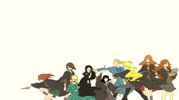 Anime picture 2560x1440 with harry potter tagme (character) long hair highres short hair open mouth black hair simple background blonde hair brown hair wide image white background multiple girls green eyes yellow eyes black eyes orange hair orange eyes group 6+ girls