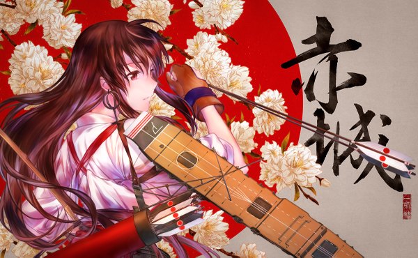Anime picture 1200x741 with kantai collection akagi aircraft carrier azmodan single long hair red eyes brown hair wide image looking away traditional clothes japanese clothes character names girl flower (flowers) weapon single glove bow (weapon) arrow (arrows)