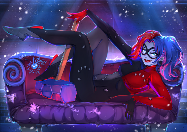 Anime picture 1000x707 with batman dc comics harley queen cherryinthesun single long hair looking at viewer blue eyes twintails signed blue hair full body bent knee (knees) red hair multicolored hair lipstick reclining red lipstick legs up girl