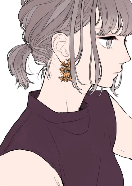 Anime picture 2507x3541 with original kko (um7mr) single tall image highres short hair looking away upper body ponytail profile grey hair grey eyes girl earrings osmanthus fragrans