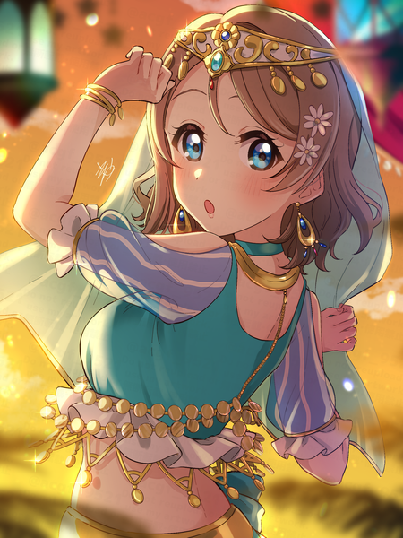 Anime picture 1875x2500 with love live! sunshine!! sunrise (studio) love live! watanabe you kyaku tasu single long hair tall image looking at viewer blush highres breasts open mouth blue eyes upper body hair flower grey hair :o midriff depth of field