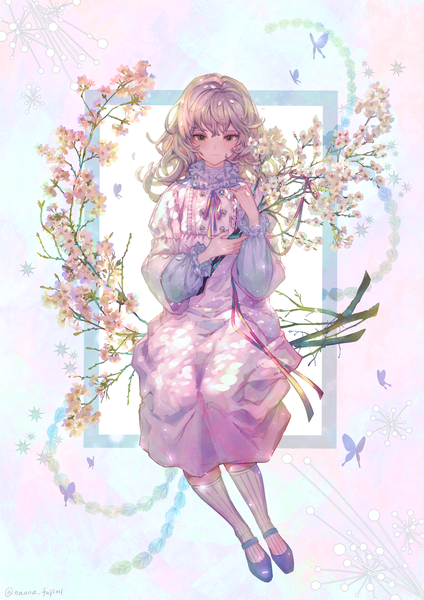 Anime picture 2480x3508 with original 778-go single long hair tall image highres blonde hair sitting green eyes signed full body twitter username cherry blossoms girl dress socks insect butterfly branch