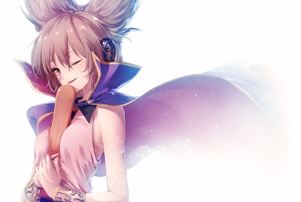 Anime picture 2047x1378 with touhou toyosatomimi no miko ibuki notsu single looking at viewer blush fringe highres short hair breasts simple background smile red eyes brown hair white background holding animal ears parted lips one eye closed wink