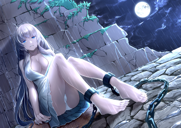 Anime picture 1250x884 with original limeblock single long hair looking at viewer fringe breasts blue eyes light erotic large breasts sitting bare shoulders cleavage silver hair ahoge bent knee (knees) parted lips barefoot night bare legs