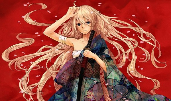 Anime picture 1083x639 with vocaloid ia (vocaloid) natsuiro single long hair looking at viewer fringe blue eyes blonde hair simple background wide image bare shoulders holding braid (braids) traditional clothes japanese clothes twin braids hand on head red background girl