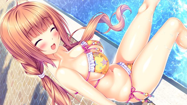 Anime picture 1280x720 with tropical liquor naomi (tropical liquor) sayori single long hair blush fringe breasts open mouth light erotic smile wide image large breasts sitting twintails bare shoulders payot game cg cleavage ahoge