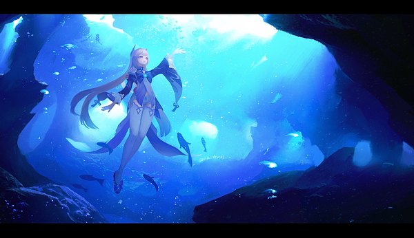 Anime picture 2402x1385 with genshin impact sangonomiya kokomi anna (drw01) single highres wide image purple eyes looking away pink hair full body outdoors very long hair arm up letterboxed underwater girl thighhighs animal white thighhighs shorts