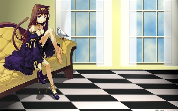 Anime picture 1920x1200 with island of horizon h2so4 highres wide image bare shoulders animal ears cleavage bent knee (knees) tail bare legs cat girl lolita fashion single shoe girl dress animal bird (birds) couch pigeon