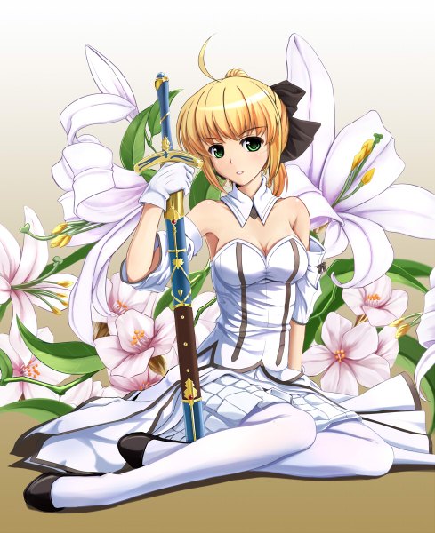 Anime picture 977x1200 with fate (series) fate/unlimited codes type-moon artoria pendragon (all) saber lily yumemi (kiowa) single tall image looking at viewer short hair blonde hair bare shoulders holding green eyes ahoge girl dress gloves flower (flowers) bow