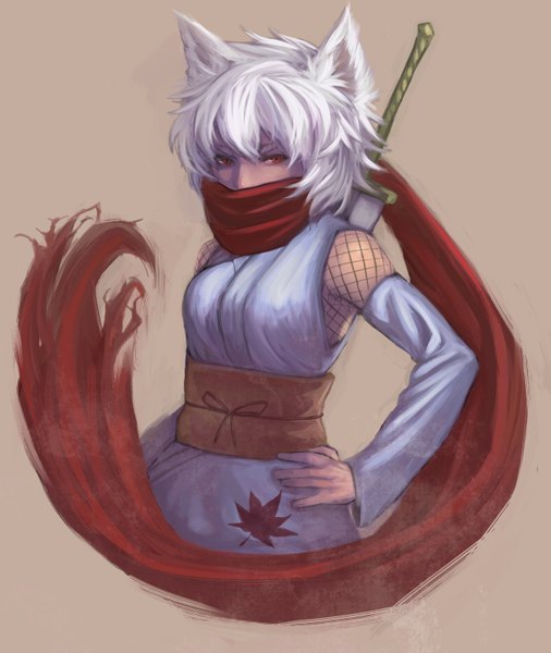 Anime picture 1270x1505 with touhou inubashiri momiji ibuki397 single tall image short hair simple background red eyes animal ears silver hair white hair grey background alternate costume hand on hip incomplete girl sword scarf leaf (leaves) ninja