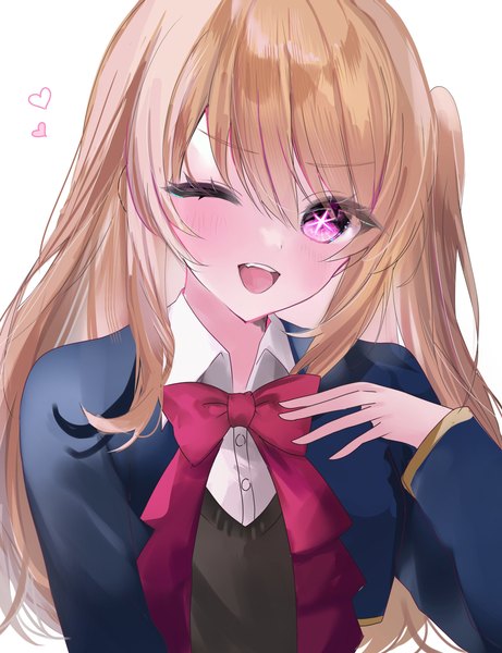 Anime-Bild 3244x4219 mit oshi no ko hoshino ruby amatsuki luna single long hair tall image looking at viewer fringe highres open mouth simple background blonde hair hair between eyes white background absurdres upper body one eye closed pink eyes wink one side up
