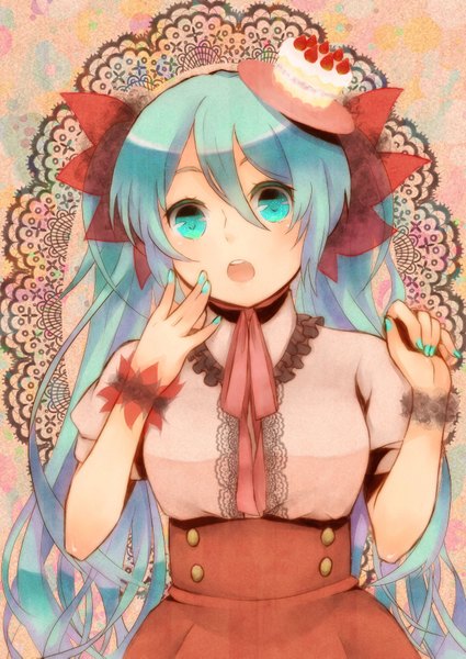Anime picture 2508x3541 with vocaloid hatsune miku single long hair tall image highres open mouth twintails nail polish aqua eyes aqua hair girl hat sweets cake