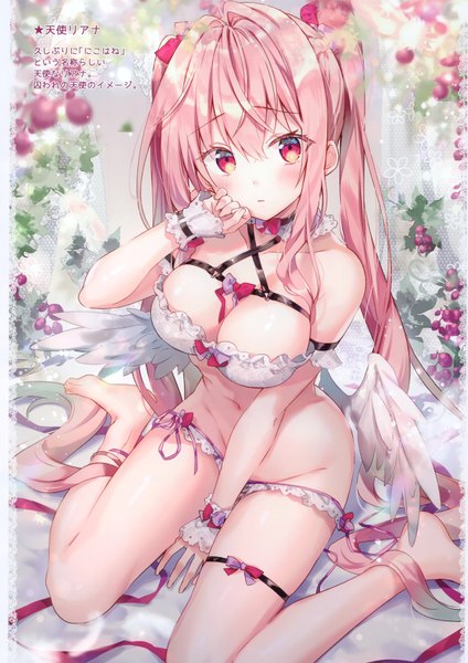 Anime picture 2425x3432 with original rianastia flugel riichu single tall image looking at viewer blush fringe highres breasts light erotic hair between eyes red eyes large breasts sitting twintails bare shoulders payot pink hair very long hair