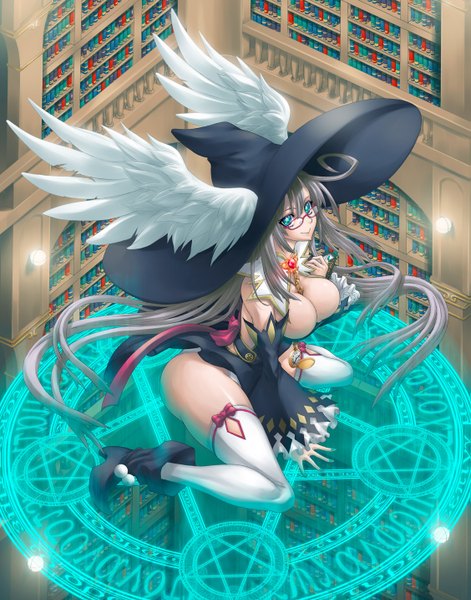 Anime picture 1127x1434 with original teku (2nd escape) single tall image looking at viewer breasts blue eyes light erotic smile large breasts very long hair head wings dark hair girl thighhighs underwear panties hat detached sleeves white thighhighs