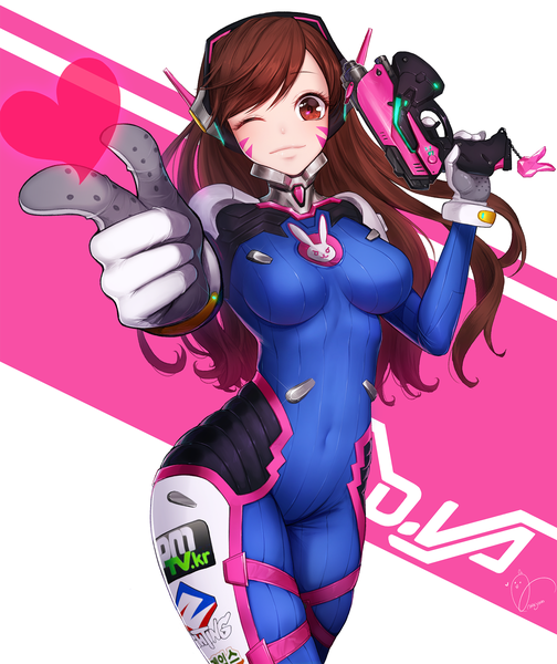 Anime picture 1500x1785 with overwatch blizzard entertainment d.va (overwatch) ango single long hair tall image looking at viewer smile brown hair brown eyes signed one eye closed wink character names covered navel facial mark whisker markings girl gloves