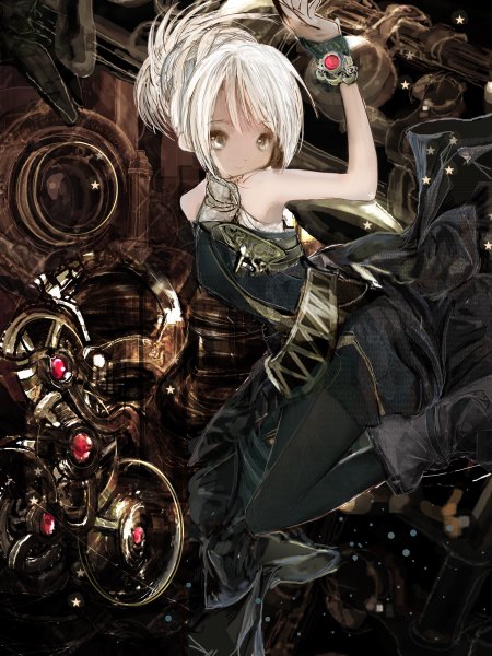 Anime picture 1800x2400 with original 86thunder single long hair tall image looking at viewer fringe highres bare shoulders white hair grey eyes jumping mechanical girl dress pantyhose boots bracelet black dress star (stars)
