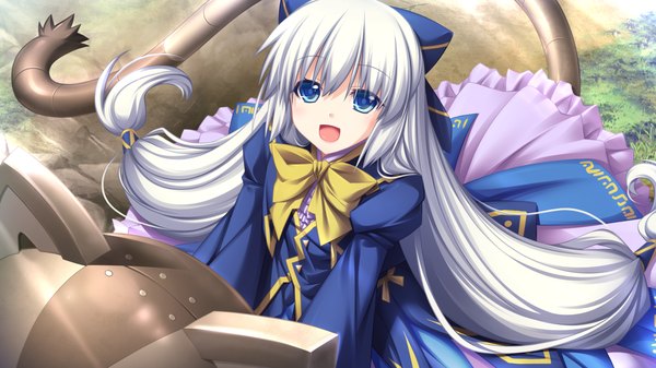 Anime picture 1280x720 with madou koukaku eushully long hair looking at viewer open mouth blue eyes wide image game cg white hair girl dress bow hair bow