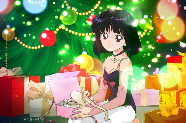 Anime picture 1280x853 with bishoujo senshi sailor moon toei animation tomoe hotaru ash (valery ash) single looking at viewer short hair black hair smile sitting signed black eyes kneeling turning head christmas girl choker shoes gift christmas present