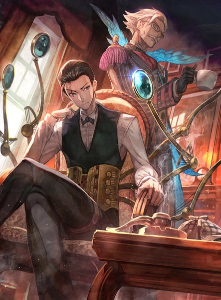 Anime picture 887x1200 with fate (series) fate/grand order james moriarty (fate) sherlock holmes (fate) lack tall image blue eyes black hair standing sitting looking away indoors long sleeves grey hair multiple boys dutch angle crossed legs looking down smoke formal