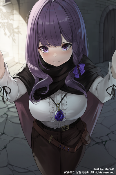 Anime picture 2131x3200 with original star741 single long hair tall image looking at viewer blush fringe highres smile standing purple eyes signed purple hair blunt bangs braid (braids) long sleeves from above arms up side braid