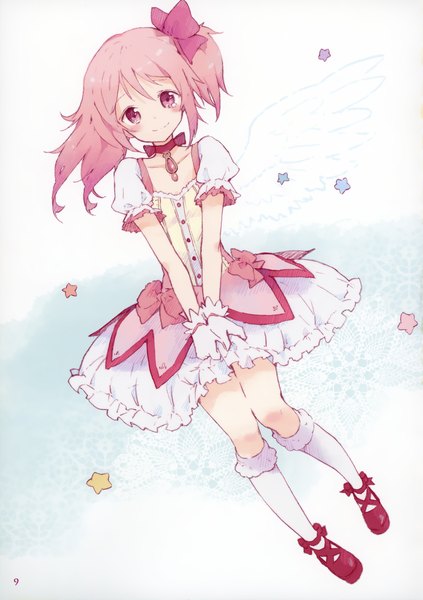 Anime picture 2127x3016 with mahou shoujo madoka magica shaft (studio) kaname madoka tiv single long hair tall image looking at viewer highres simple background pink hair ponytail pink eyes light smile scan side ponytail girl thighhighs dress gloves