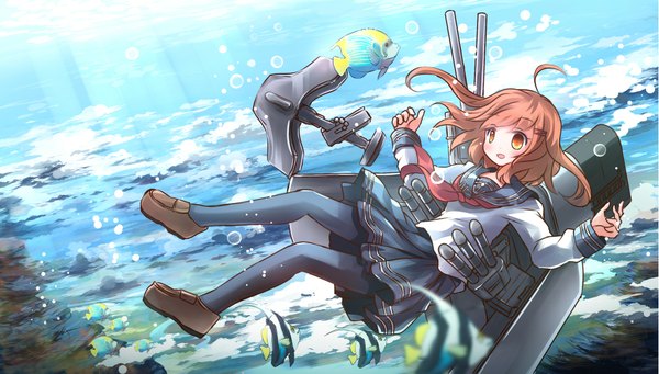 Anime picture 2205x1254 with kantai collection ikazuchi destroyer risutaru single long hair blush highres brown hair wide image brown eyes ahoge underwater swimming girl skirt miniskirt shoes bubble (bubbles) fish (fishes) sailor suit
