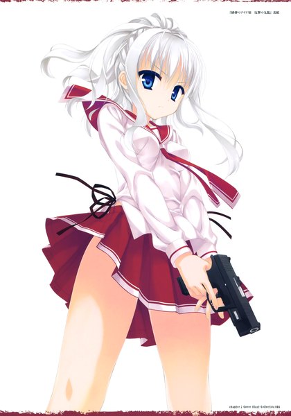 Anime picture 2661x3800 with hidan no aria jeanne d'arc (hidan no aria) kobuichi single long hair tall image looking at viewer highres blue eyes simple background white background white hair scan girl skirt uniform weapon school uniform gun pistol