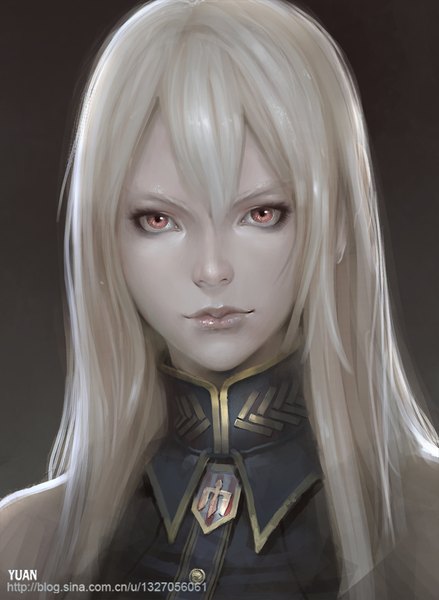 Anime picture 700x957 with valkyria chronicles selvaria bles yuan fuchi xu chao yuan single long hair tall image looking at viewer fringe simple background red eyes signed upper body white hair lips realistic black background portrait makeup military