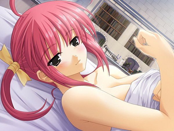 Anime picture 1024x768 with palmyra vaballathu kinohara hikaru brown eyes pink hair game cg ahoge lying close-up girl