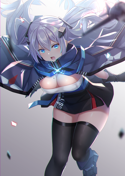 Anime picture 1654x2339 with azur lane intrepid (azur lane) f (milfaaaaa) single long hair tall image looking at viewer fringe breasts open mouth blue eyes light erotic simple background hair between eyes large breasts standing payot cleavage purple hair bent knee (knees)
