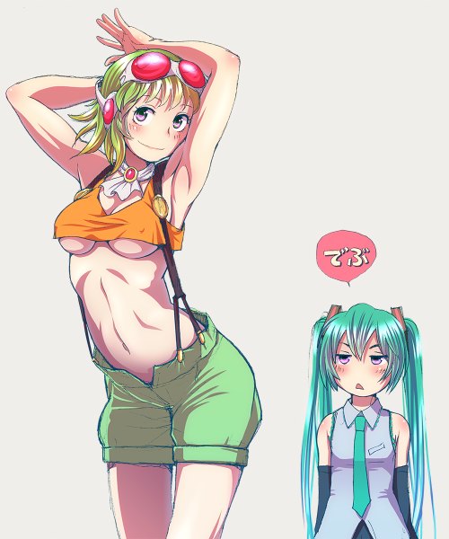 Anime picture 1000x1200 with google vocaloid hatsune miku gumi wokada long hair tall image blush fringe breasts light erotic simple background smile standing twintails purple eyes multiple girls looking away green hair aqua hair