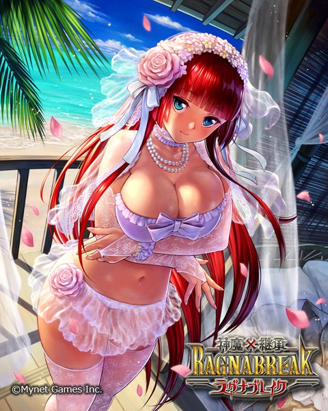 Anime picture 640x800 with shinma x keishou! ragnabreak suetomi masanao single long hair tall image looking at viewer blush fringe breasts blue eyes light erotic large breasts standing bare shoulders payot sky cleavage cloud (clouds) red hair blunt bangs