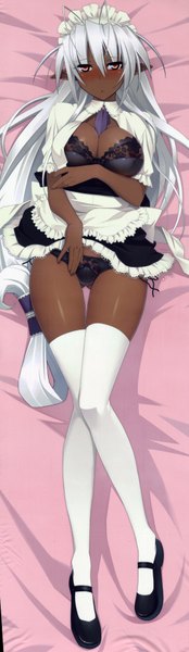 Anime picture 1166x4000 with full metal daemon muramasa soukou akki muramasa nitroplus sandaime muramasa namaniku atk single tall image looking at viewer blush fringe breasts light erotic red eyes large breasts full body ahoge bent knee (knees) white hair lying very long hair