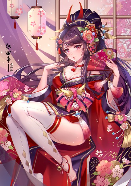 Anime picture 2902x4100 with sengoku fubu melailai single tall image looking at viewer blush fringe highres breasts light erotic black hair red eyes large breasts sitting bare shoulders holding cleavage full body bent knee (knees) very long hair