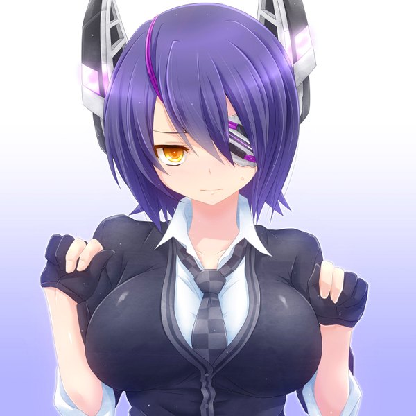 Anime picture 1500x1500 with kantai collection tenryuu light cruiser watarui single looking at viewer short hair breasts simple background large breasts white background yellow eyes purple hair purple background girl gloves shirt black gloves necktie eyepatch