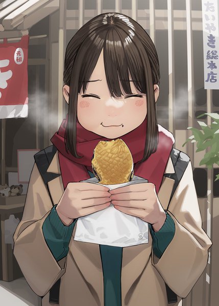 Anime picture 1287x1800 with ganbare douki-chan douki-chan (douki-chan) yomu (sgt epper) single long hair tall image fringe short hair smile brown hair holding payot outdoors eyes closed long sleeves fingernails eating steam :3 food on face