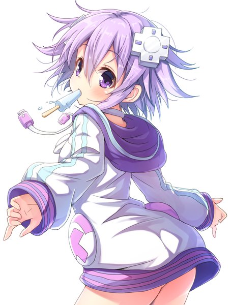 Anime picture 800x1056 with choujigen game neptune neptune (choujigen game neptune) matokechi single tall image looking at viewer blush fringe short hair light erotic simple background hair between eyes white background purple eyes holding payot purple hair from behind mouth hold back