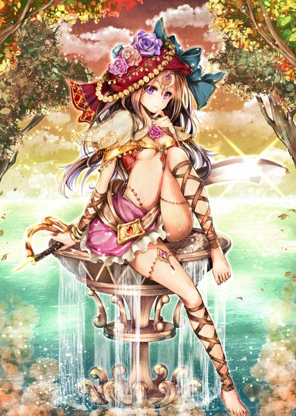 Anime picture 850x1193 with chain chronicle sega takeda hotaru single long hair tall image light erotic brown hair sitting purple eyes bare shoulders barefoot underboob lacing fantasy nature girl flower (flowers) weapon plant (plants)