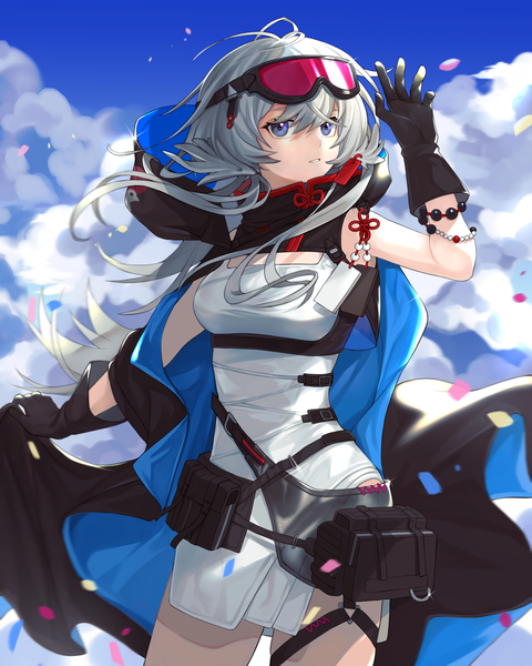 Anime picture 3937x4921 with arknights mulberry (arknights) yowza single long hair tall image fringe highres blue eyes hair between eyes looking away absurdres sky silver hair cloud (clouds) goggles on head girl gloves black gloves bracelet