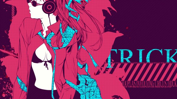 Anime picture 1920x1080 with air gear toei animation noyamano ringo oogure ito single long hair highres light erotic wide image pink hair eyes closed inscription open clothes open shirt girl glasses headphones sunglasses bikini top