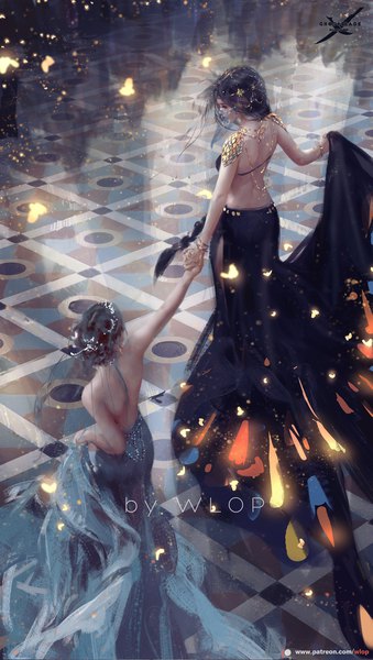 Anime picture 1069x1892 with ghost blade yan (ghost blade) aeolian wlop long hair tall image fringe black hair bare shoulders multiple girls looking back from above grey hair from behind holding hands reflection bare back walking girl dress