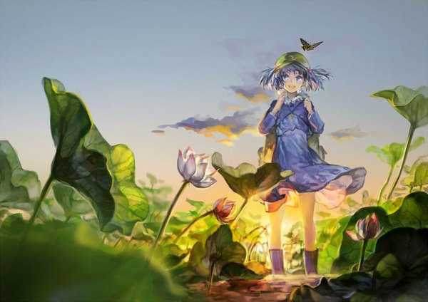 Anime picture 1000x707 with touhou kawashiro nitori biji single short hair blue eyes twintails blue hair looking away sky cloud (clouds) wind evening short twintails sunset girl dress flower (flowers) insect butterfly